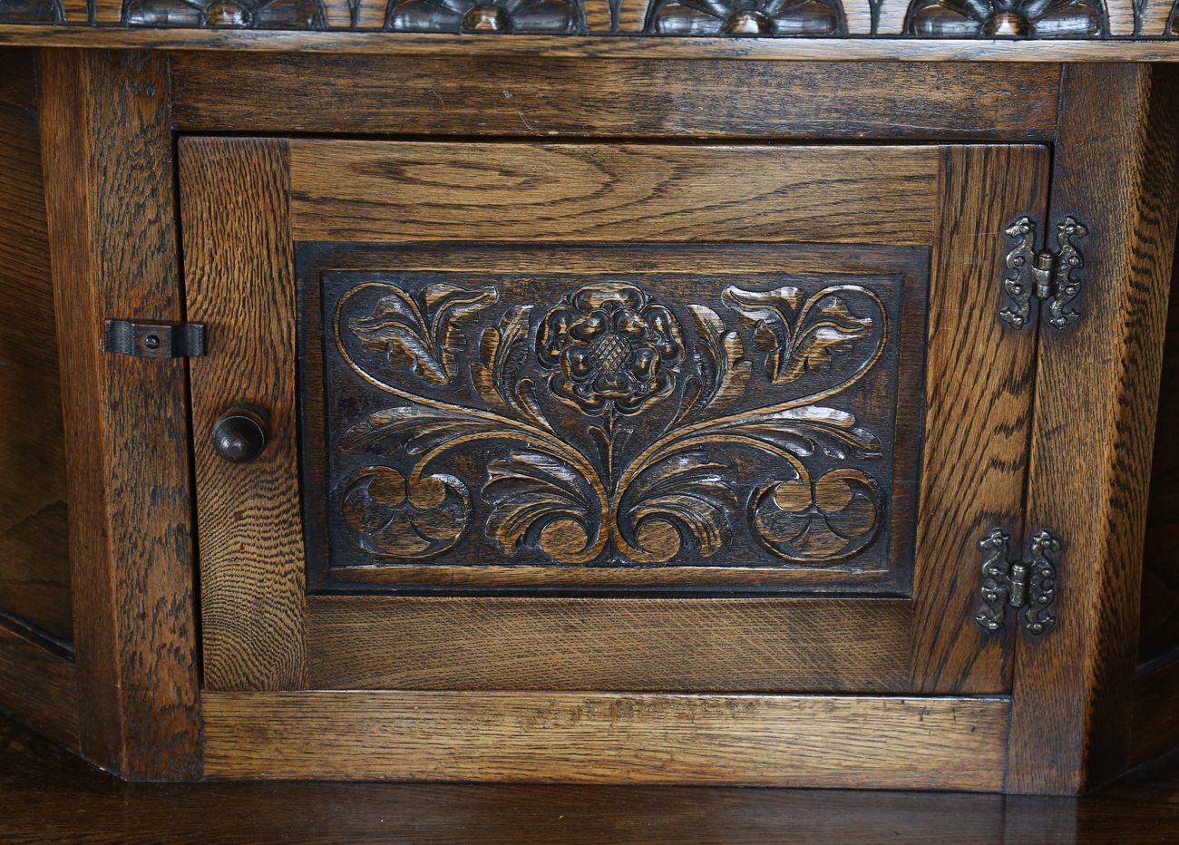 A 20th century Jacobean Revival oak court cupboard, height 134cm, width 122cm, depth 48cm.Buyer’s - Image 5 of 12