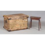 An early 20th century pine trunk, width 76cm, together with a small pine stool, width 37cm.Buyer’s