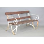 A 20th century wrought iron and wooden slatted garden bench, height 76cm, width 123cm, depth 67cm.