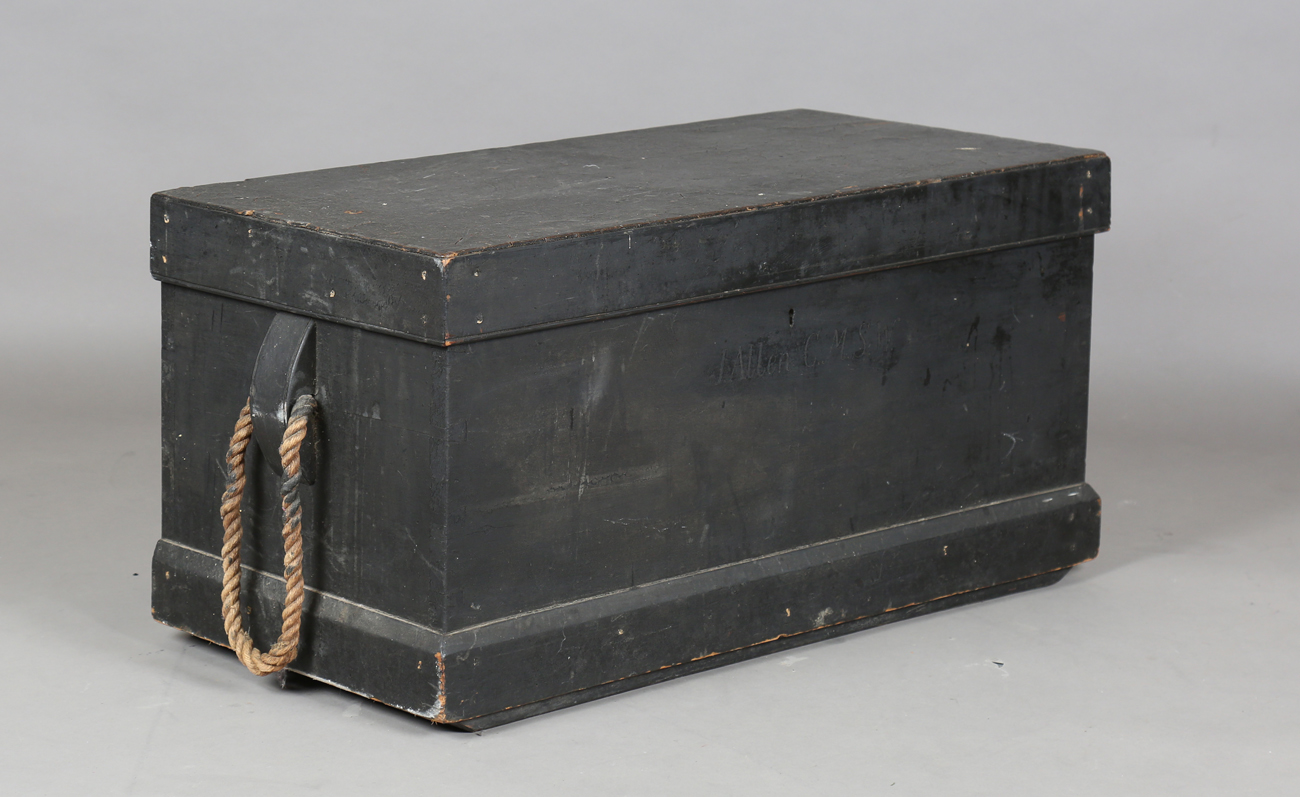 A late 19th/early 20th century black painted teak seaman's chest with rope handles, height 48cm,