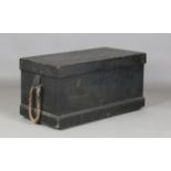 A late 19th/early 20th century black painted teak seaman's chest with rope handles, height 48cm,
