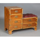 A late 20th century yew and brass bound campaign style hall seat chest, the red leather seat above