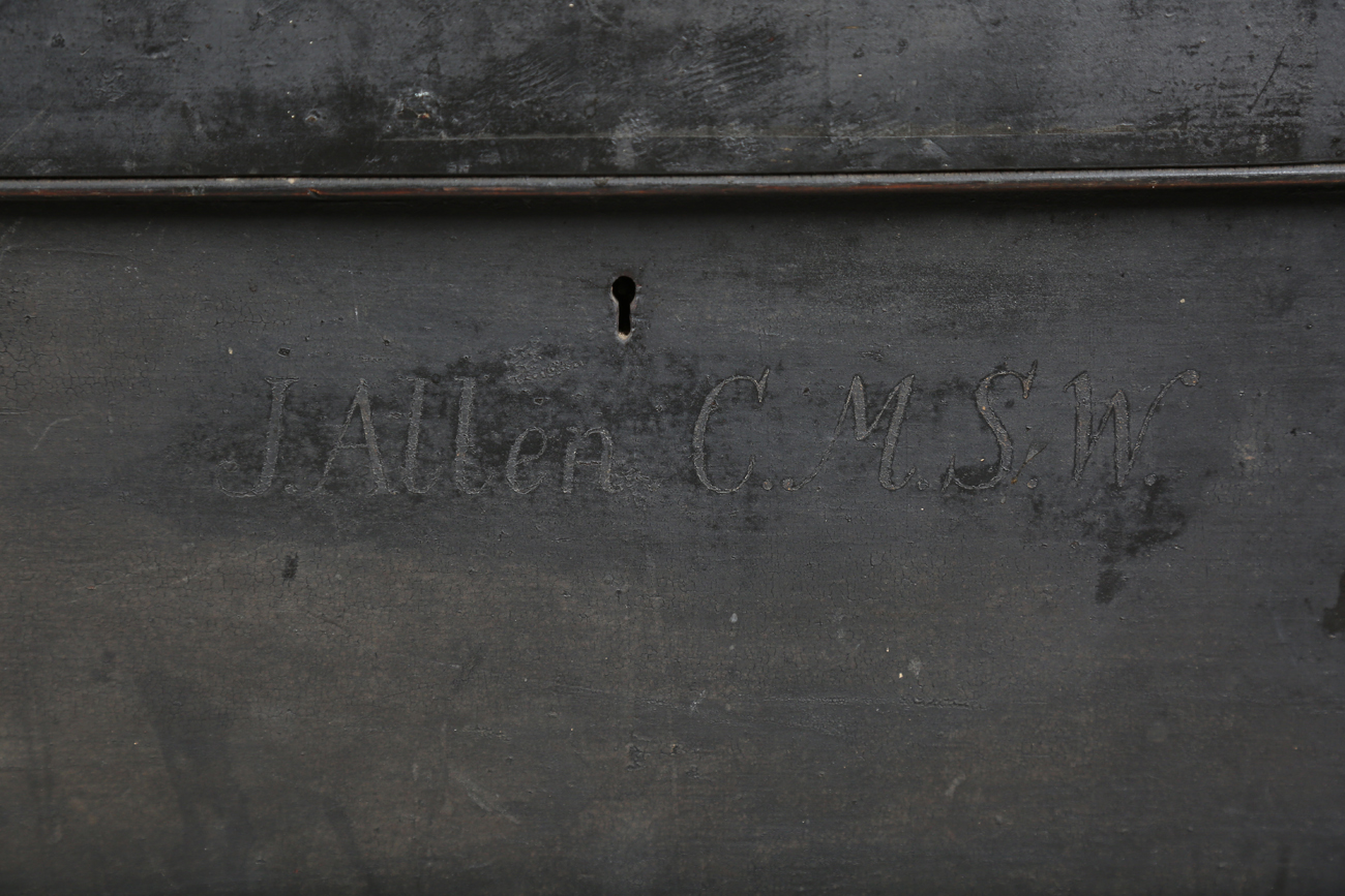 A late 19th/early 20th century black painted teak seaman's chest with rope handles, height 48cm, - Image 11 of 11