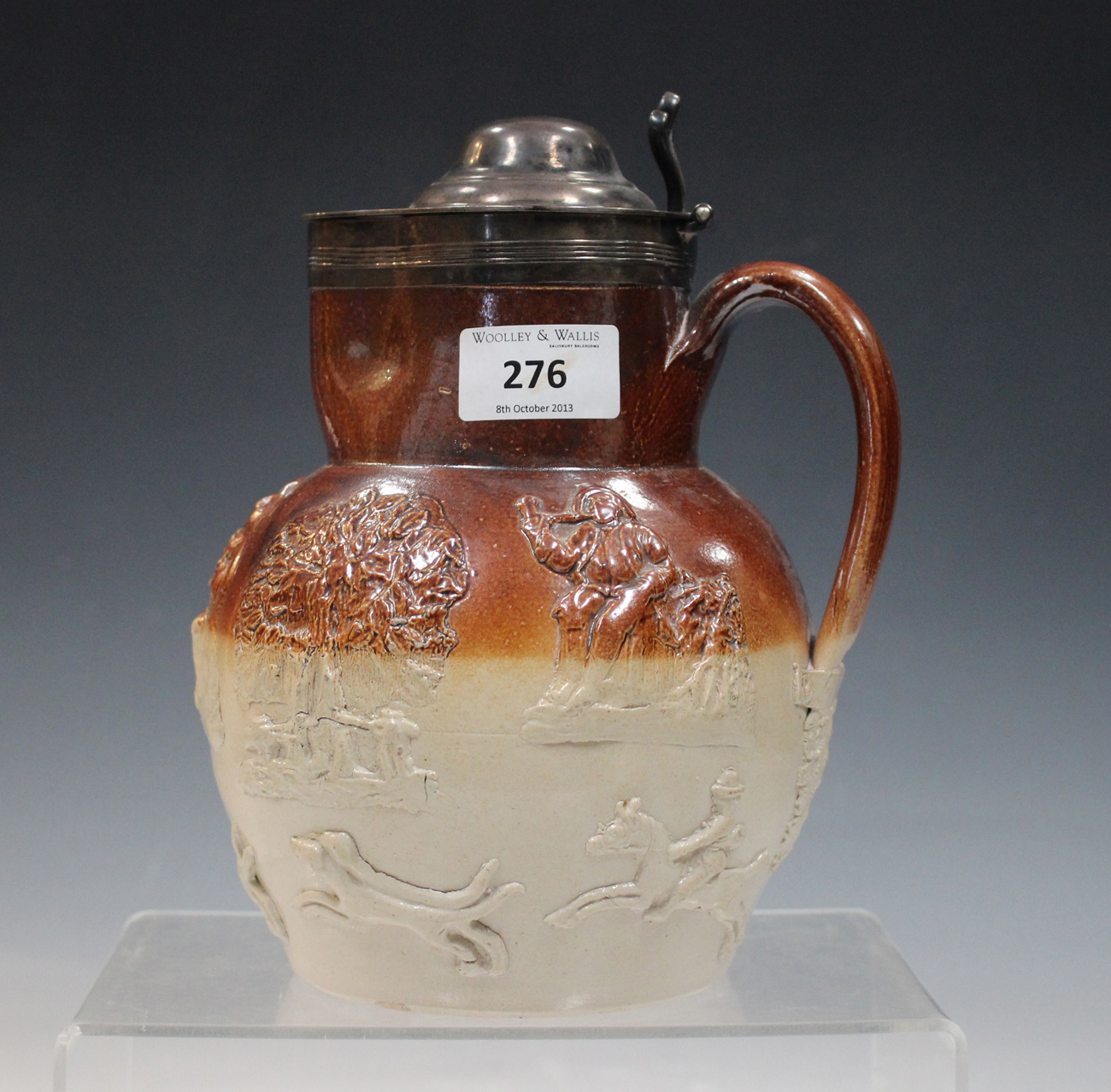 A silver mounted stoneware harvest jug, circa 1827, typically sprigged with toping figures, trees - Bild 8 aus 9