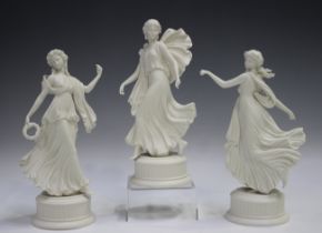 Three Wedgwood limited edition The Dancing Hours unglazed white porcelain figures, height 25cm.