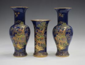A garniture of three Carlton Ware New Mikado pattern blue ground vases, 1920s, pattern No. 2728,