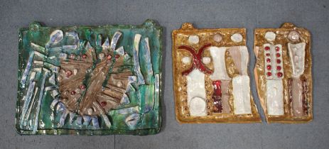 Two abstract pottery wall plaques in the manner of Helmut Friedrich Schäffenacker, probably mid-20th