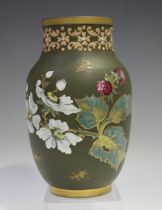 A Luneville green stoneware pottery vase, circa 1880, enamelled in low relief and gilt with a branch