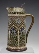 A Lambeth stoneware flagon with plated mounts, probably Doulton, late 19th century, the