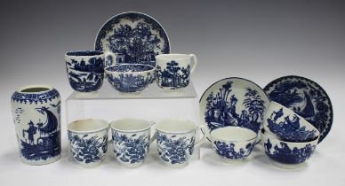 A group of mostly Worcester underglaze blue printed teawares, late 18th century, including an