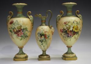 A pair of Royal Worcester blush ivory two-handled vases, circa 1900, printed and painted with floral