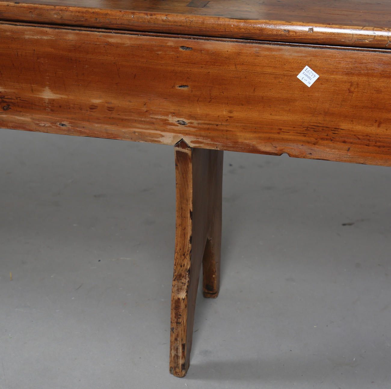 A pair of late 19th century stained pine benches, each raised on three shaped supports, height 47. - Image 2 of 20