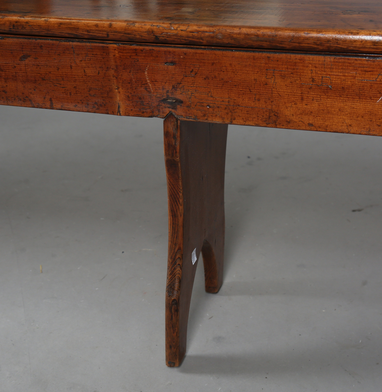 A pair of late 19th century stained pine benches, each raised on three shaped supports, height 47. - Image 11 of 20