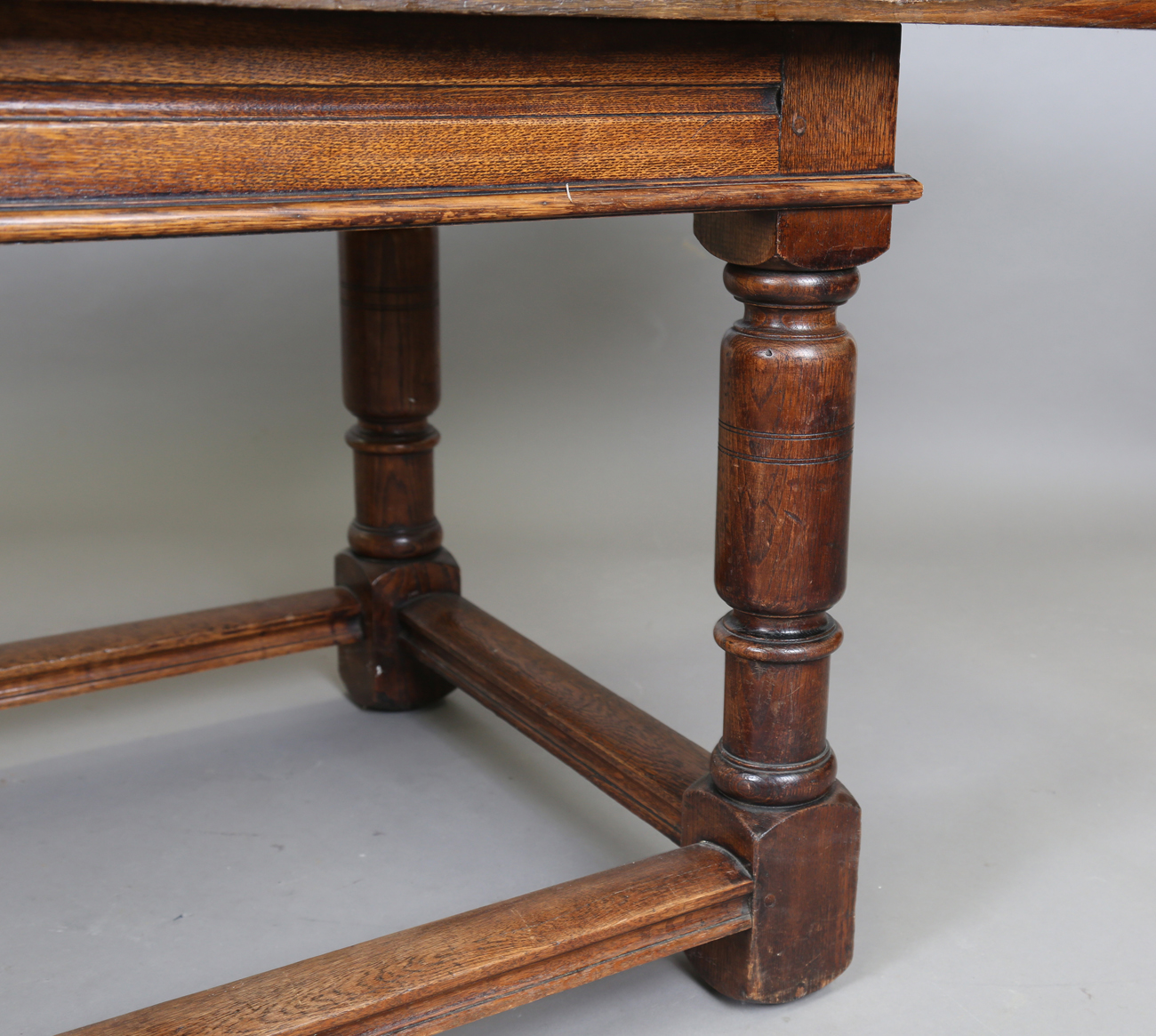 A 17th century style oak refectory table, raised on turned and block legs, height 73cm, length - Image 5 of 8