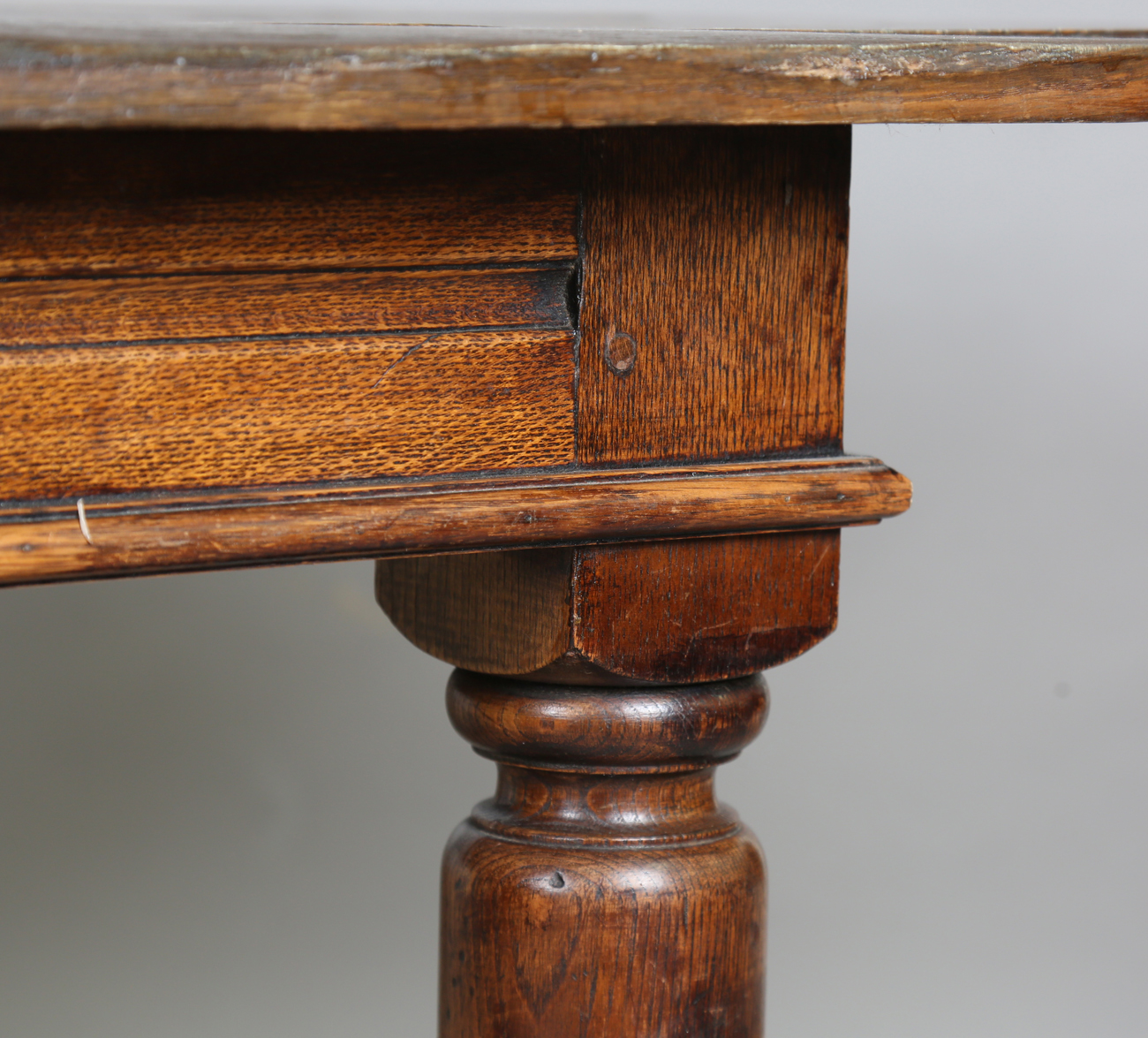 A 17th century style oak refectory table, raised on turned and block legs, height 73cm, length - Image 4 of 8
