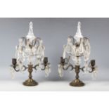 A pair of late 19th century cast bronze and glass mounted twin-light table lustres, hung with