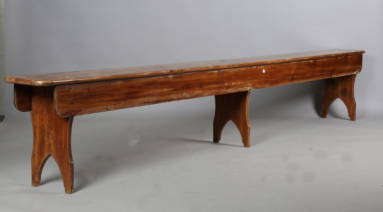 A pair of late 19th century stained pine benches, each raised on three shaped supports, height 47. - Image 20 of 20