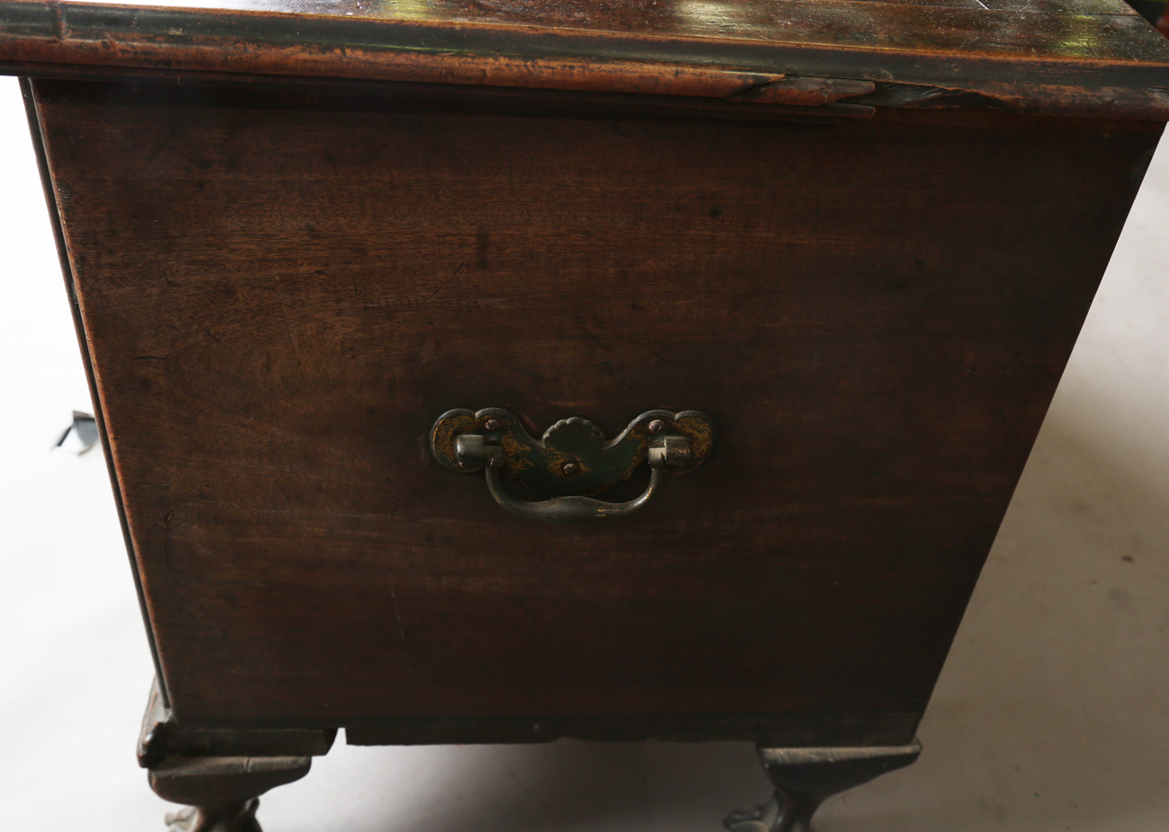 A George III mahogany trunk, the hinged lid above applied handles (one missing), raised on carved - Image 4 of 13