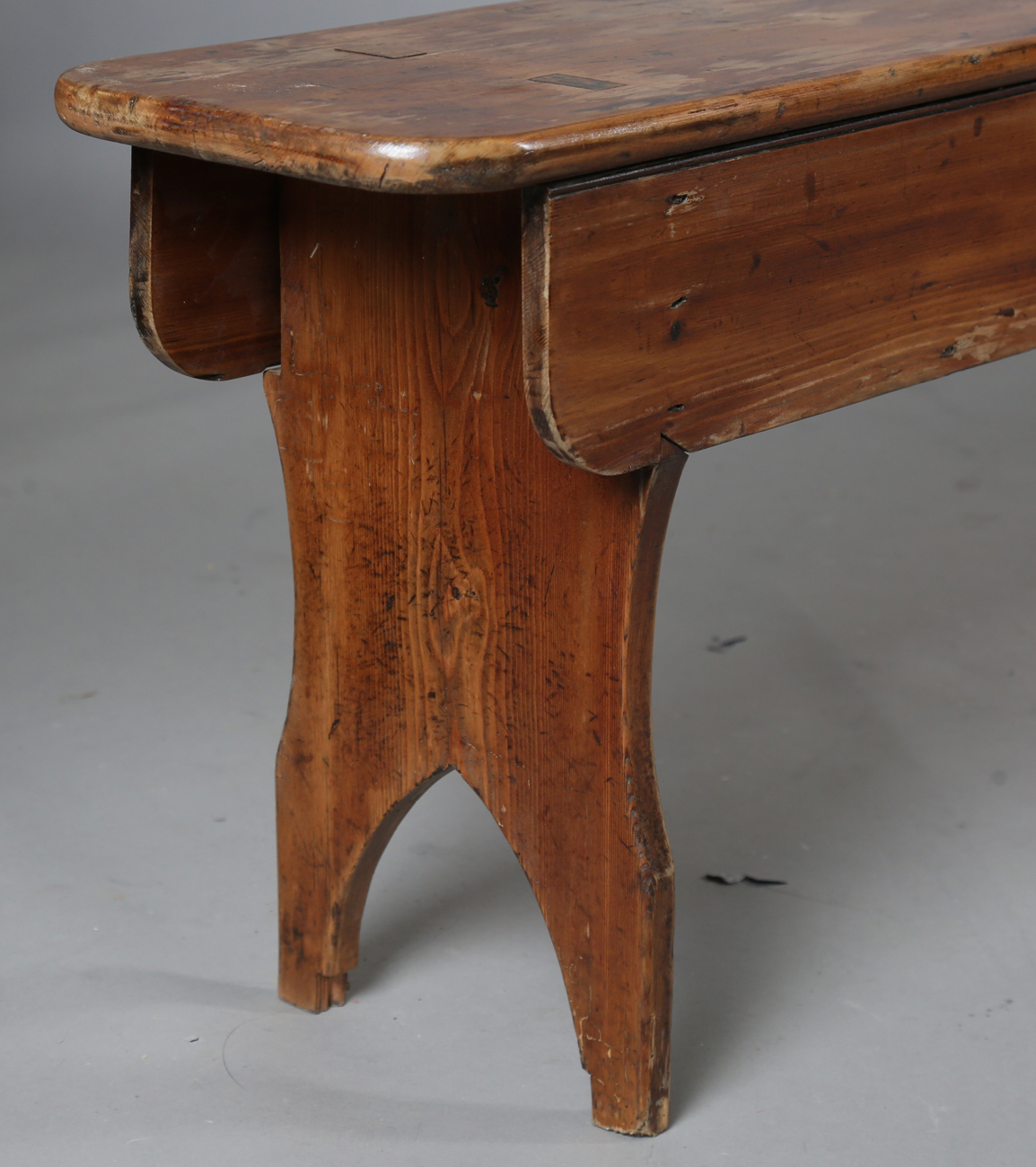 A pair of late 19th century stained pine benches, each raised on three shaped supports, height 47. - Image 10 of 20