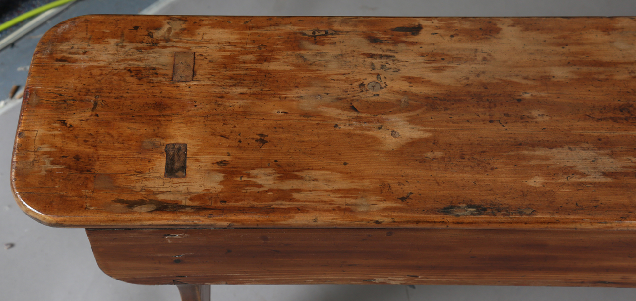 A pair of late 19th century stained pine benches, each raised on three shaped supports, height 47. - Image 9 of 20