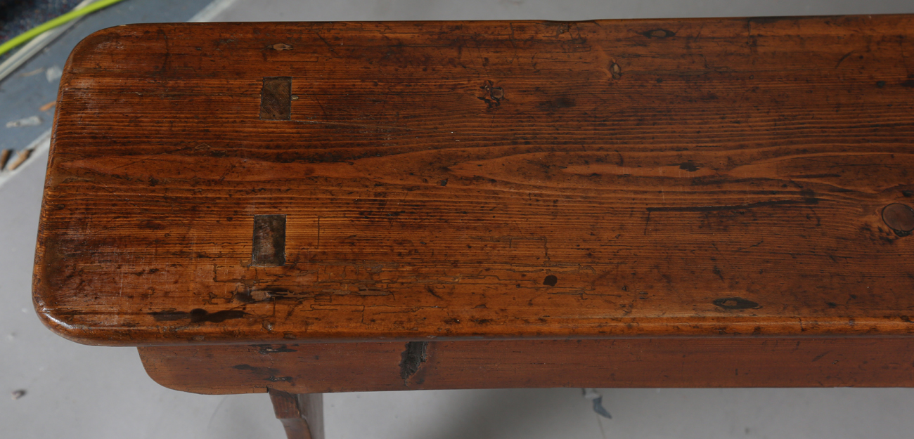 A pair of late 19th century stained pine benches, each raised on three shaped supports, height 47. - Image 18 of 20