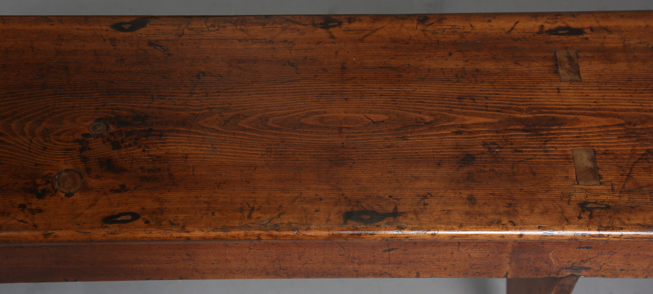 A pair of late 19th century stained pine benches, each raised on three shaped supports, height 47. - Image 16 of 20