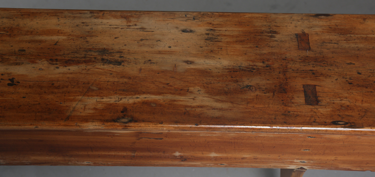 A pair of late 19th century stained pine benches, each raised on three shaped supports, height 47. - Image 7 of 20