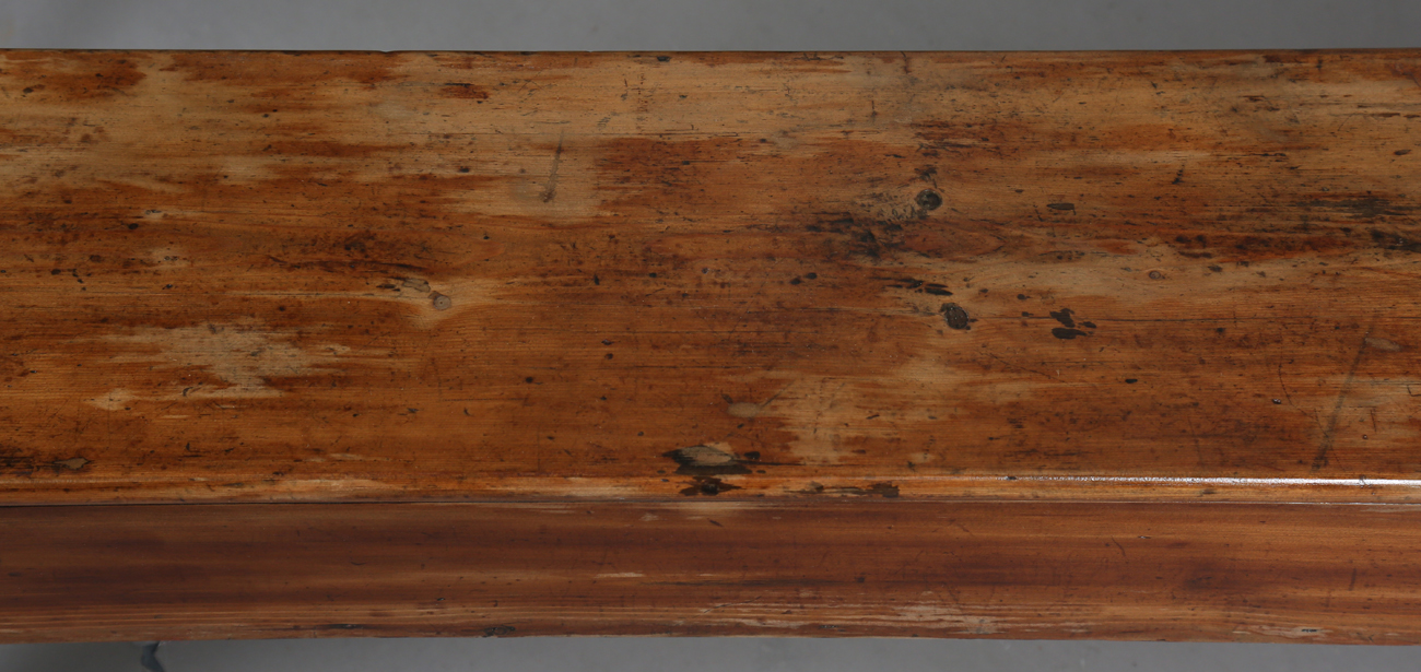 A pair of late 19th century stained pine benches, each raised on three shaped supports, height 47. - Image 8 of 20