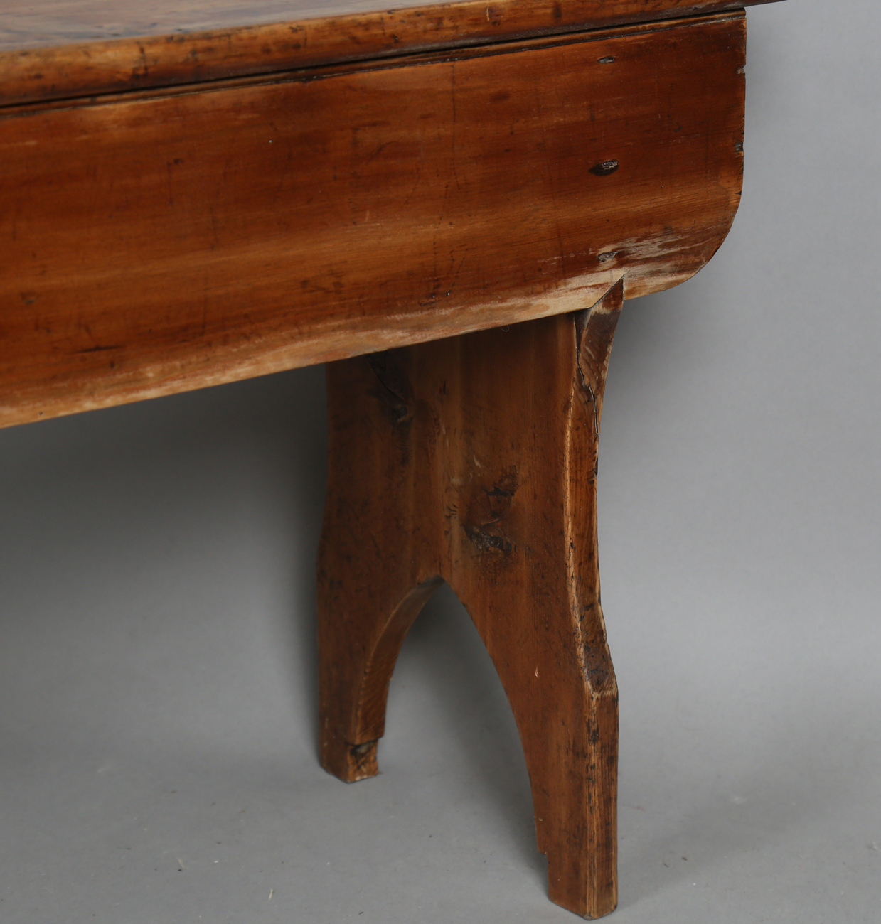 A pair of late 19th century stained pine benches, each raised on three shaped supports, height 47. - Image 3 of 20