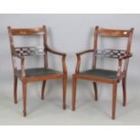 A pair of Edwardian mahogany and satinwood crossbanded elbow chairs, height 93cm, width 58cm,