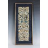 A pair of Chinese silk embroidered sleeve panels, late Qing dynasty, worked in coloured and gilt