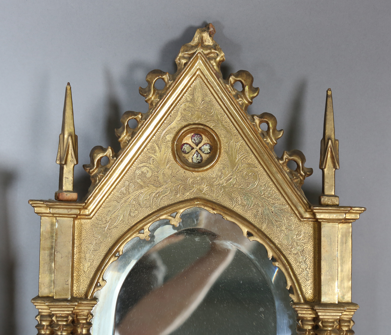 A pair of late 19th century Gothic Revival giltwood and gesso wall mirrors of arched architectural - Image 8 of 8