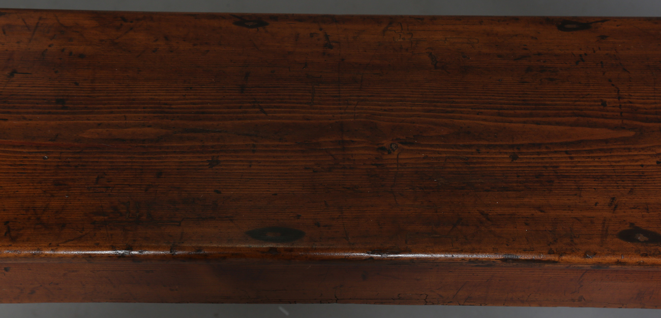 A pair of late 19th century stained pine benches, each raised on three shaped supports, height 47. - Image 14 of 20