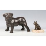 A late 20th century patinated bronze model of a boxer dog, length 22cm, together with a spelter