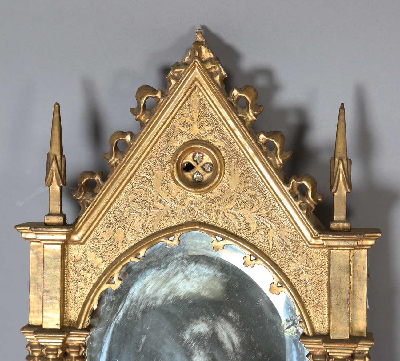A pair of late 19th century Gothic Revival giltwood and gesso wall mirrors of arched architectural - Image 4 of 8