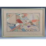 An Art Deco needlework panel, finely worked in coloured silks with an abstract coastal landscape,