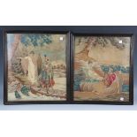 A pair of Regency silkwork and chenille panels, finely worked with a gentleman and lady at a