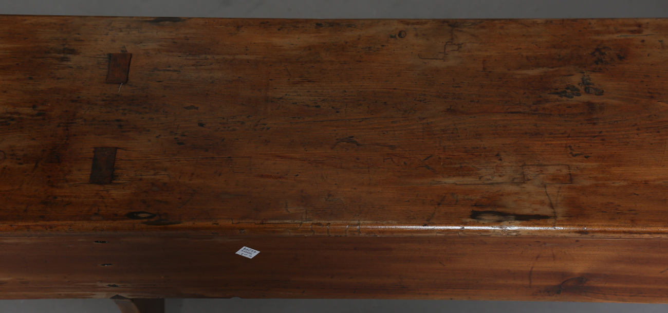 A pair of late 19th century stained pine benches, each raised on three shaped supports, height 47. - Image 6 of 20