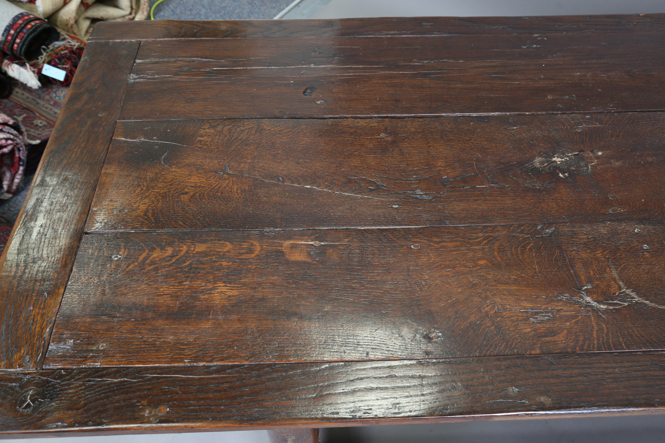 A 17th century style oak refectory table, raised on turned and block legs, height 73cm, length - Image 8 of 8