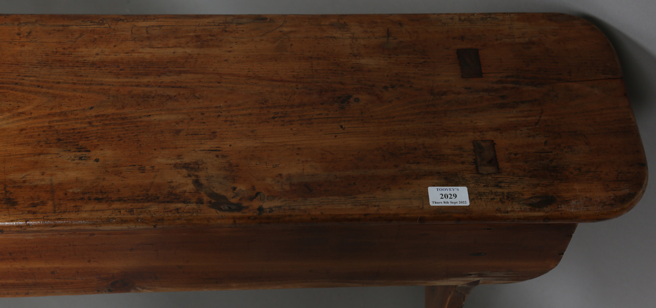 A pair of late 19th century stained pine benches, each raised on three shaped supports, height 47. - Image 4 of 20