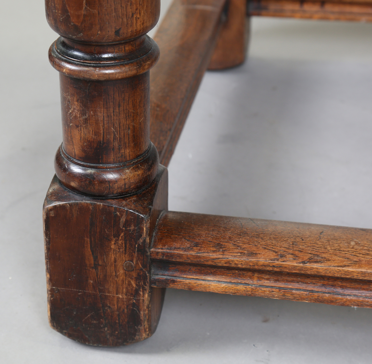A 17th century style oak refectory table, raised on turned and block legs, height 73cm, length - Image 3 of 8
