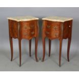 A pair of late 20th century French kingwood and floral marquetry marble-topped bedside chests of two