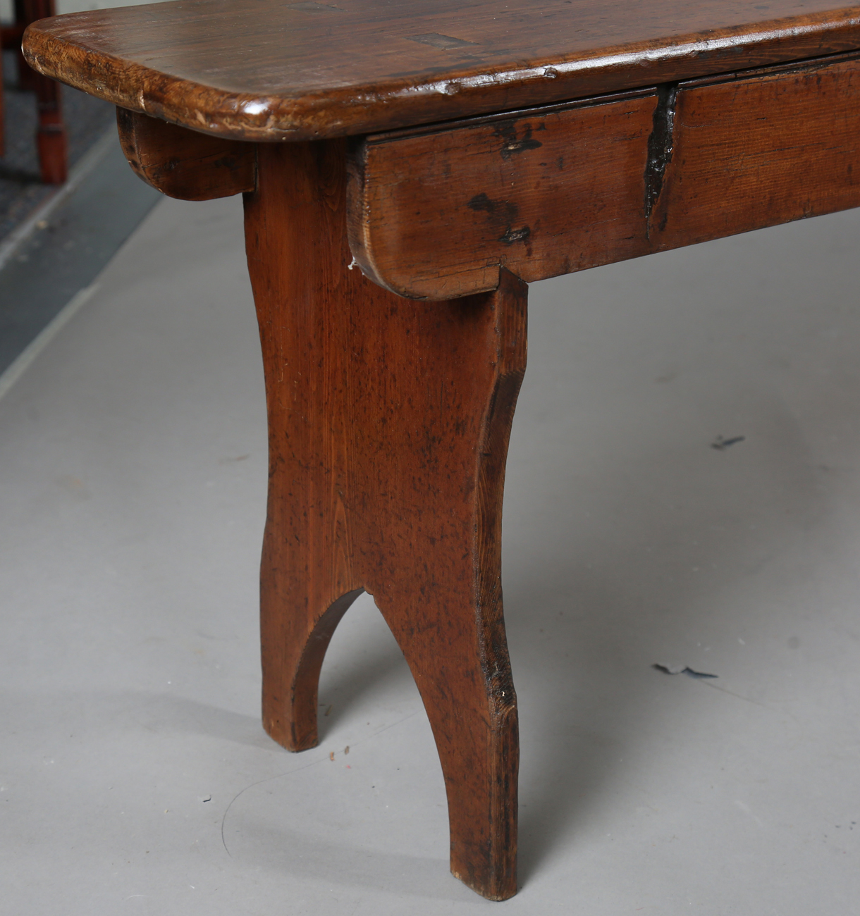 A pair of late 19th century stained pine benches, each raised on three shaped supports, height 47. - Image 19 of 20