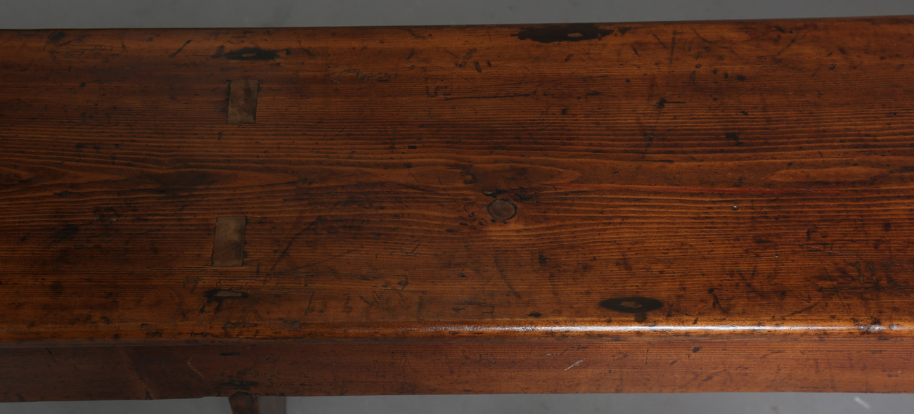 A pair of late 19th century stained pine benches, each raised on three shaped supports, height 47. - Image 15 of 20