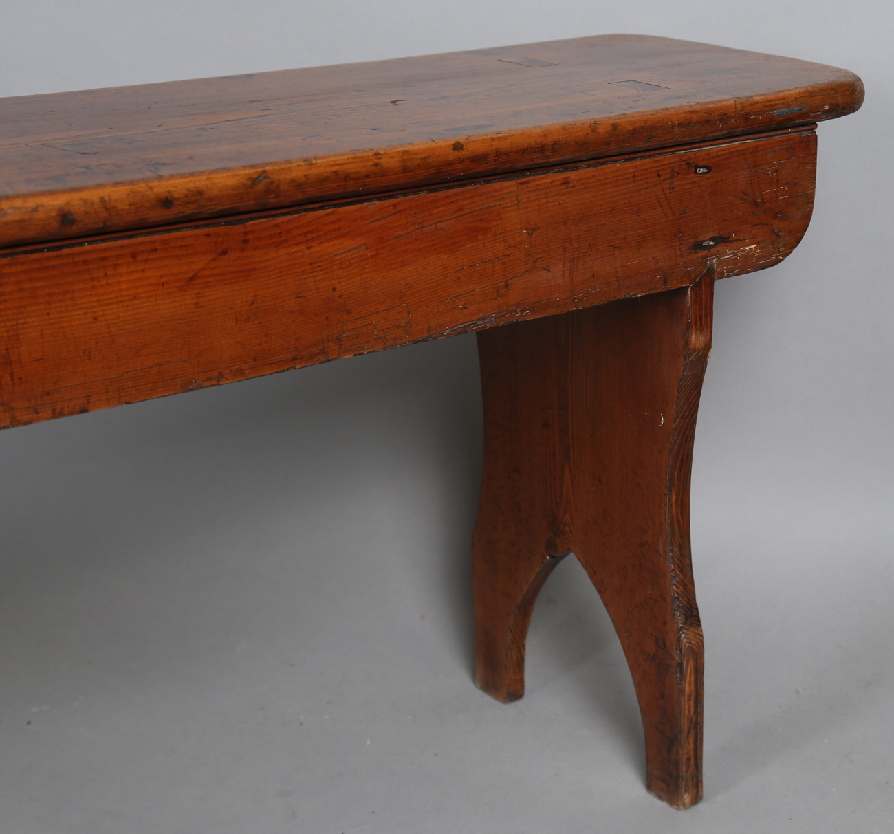 A pair of late 19th century stained pine benches, each raised on three shaped supports, height 47. - Image 12 of 20