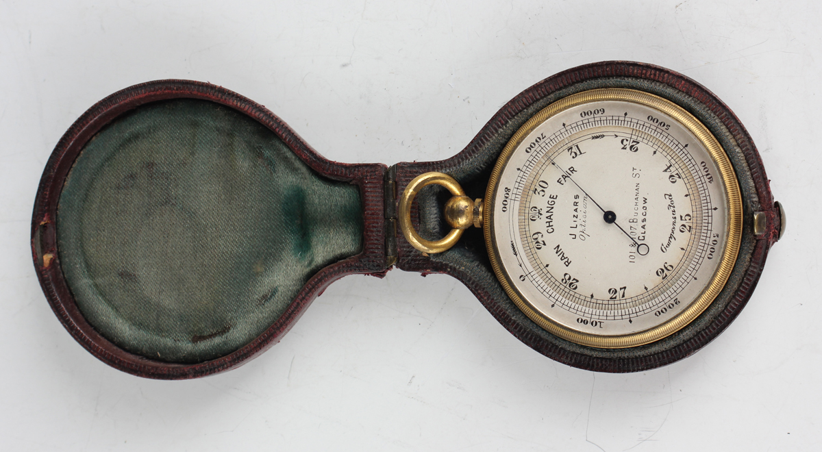 An early 20th century gilt brass circular pocket barometer altimeter, the silvered dial with outer - Image 5 of 5