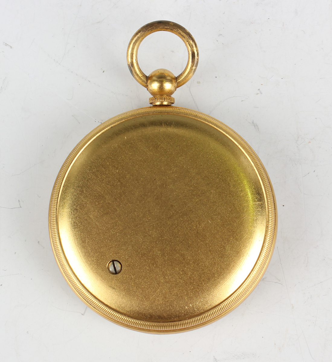 An early 20th century gilt brass circular pocket barometer altimeter, the silvered dial with outer - Image 4 of 5