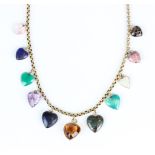 A gold circular link necklace, mounted with a graduated row of varicoloured heart shaped gemstone