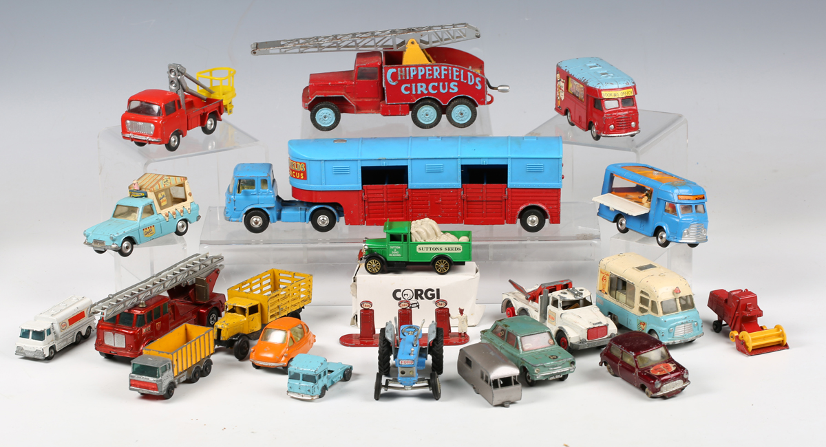 A collection of diecast vehicles, including three Corgi Toys Chipperfield's Circus vehicles, Dinky