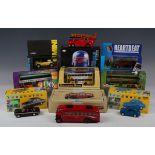 A collection of modern diecast vehicles, including five Corgi Original Omnibus buses, Corgi Hong